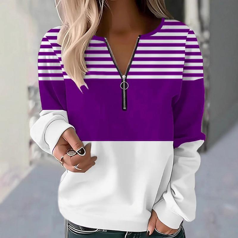 Women Casual Long Sleeve T Shirt Autumn Winter Fashion Striped Print Shirts Casual Zipper Pullover Loose