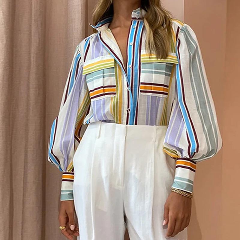 European & American Women's Long Sleeve Printed Shirt - Casual, Fashionable, Lapel Design for Business and Everyday Wear.