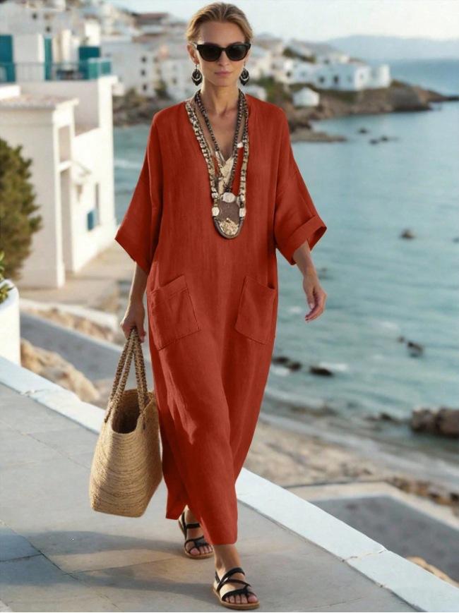 Summer Fashion Casual Hot Sale Solid Color Pocket V-neck Loose Imitation Linen Cotton Dress Women's Clothing