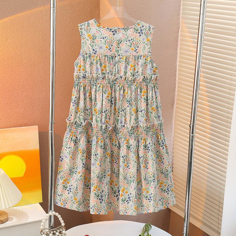Girls' Summer Cotton Sleeveless Dress Pure Cotton Floral Vest Dress Forest Tie Suspender Dress