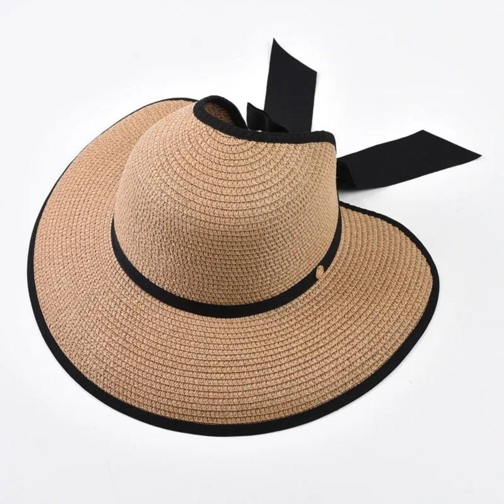 Elegant Round Summer Straw Hat Large Brim Bowknot Design Empty Top Sun Hat UV Protection Foldable Wide Brim Hat for Women