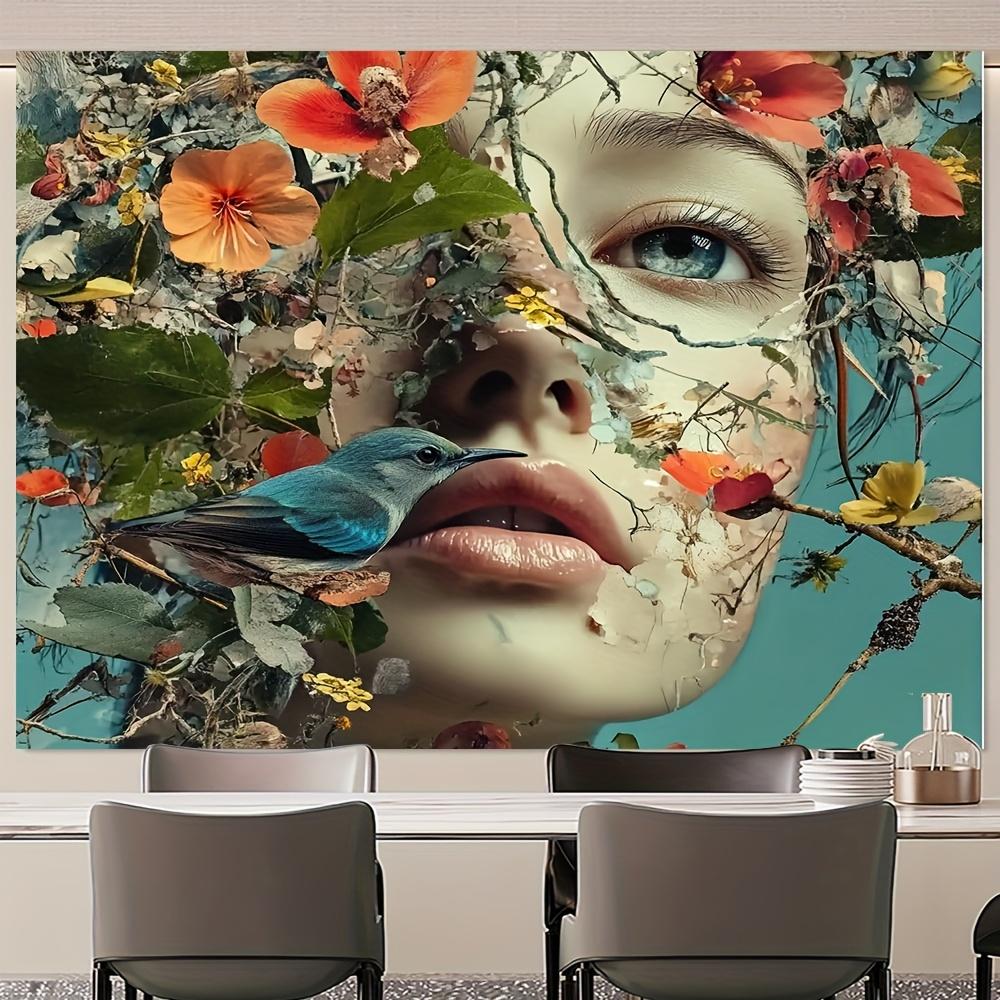 Floral Face Bird Art Tapestry Nature Portrait Wall Hanging Boho Decor Living Room Print