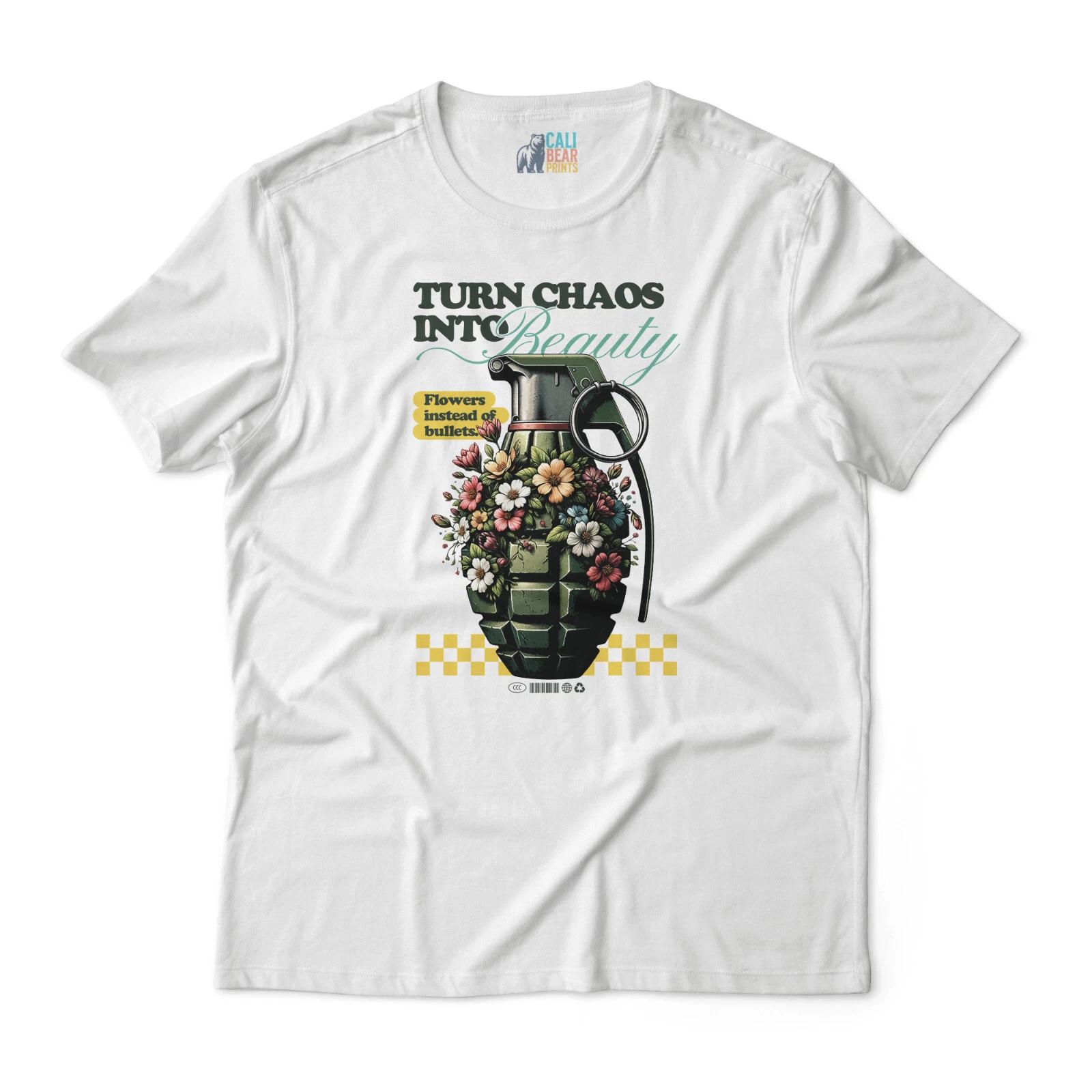 Graphic Art Floral Grenade T shirt - ‘Turn Chaos into Beauty’ Motif, Unisex 4XL