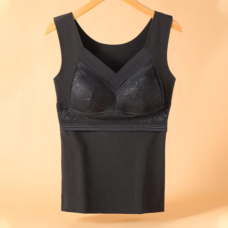 806 Women's V-Neck Seamless Lace Warm Vest with Chest Pad - Winter Base Layer