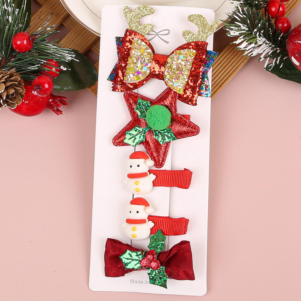 5pcs/set Kids Christmas Hair Clips Elk Snowflake Hairpins Baby Girls Hair Bows Barrettes Clips Christmas Party Hair Accessories