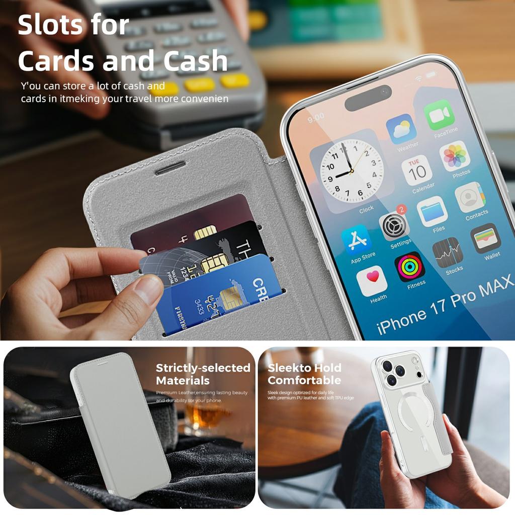 For iPhone 17 Pro Case Compatible with MagSafe RFID Blocking Leather Phone Cover