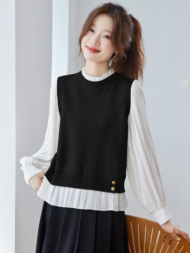 Top in Maglia Color Block con Collo a Volant Stile Coreano Autunno 2025 per Donna