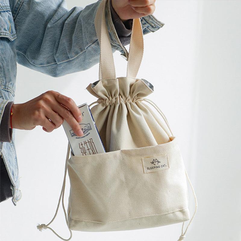 1pc Portable Lunch Bag With Drawstring Bento Storage Bag with Pocket Office Students Food Storage Bag Simple Japanese Style