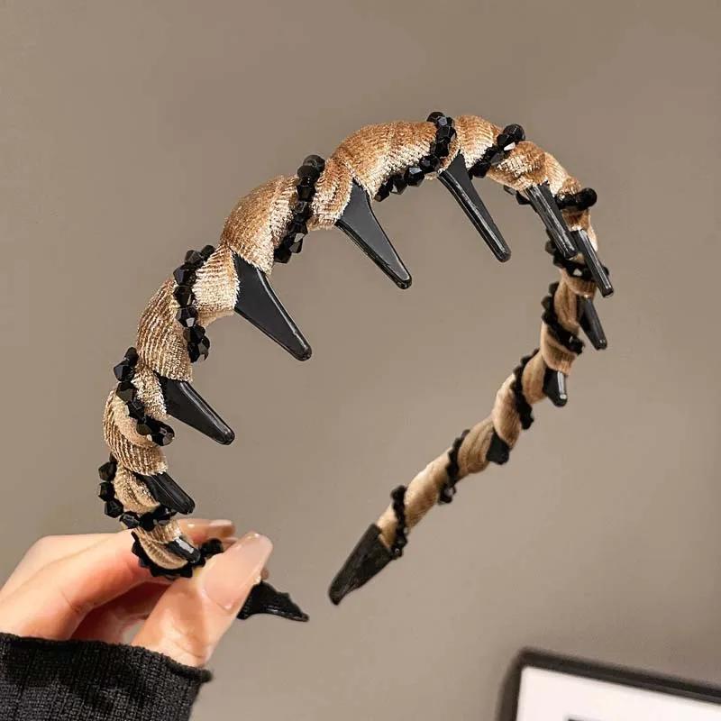 Vintage Black Velvet Crystal Wave Top Hairband For Women Girls Fashion Sweet Anti-Slip Toothed Hairband Hair Accessories