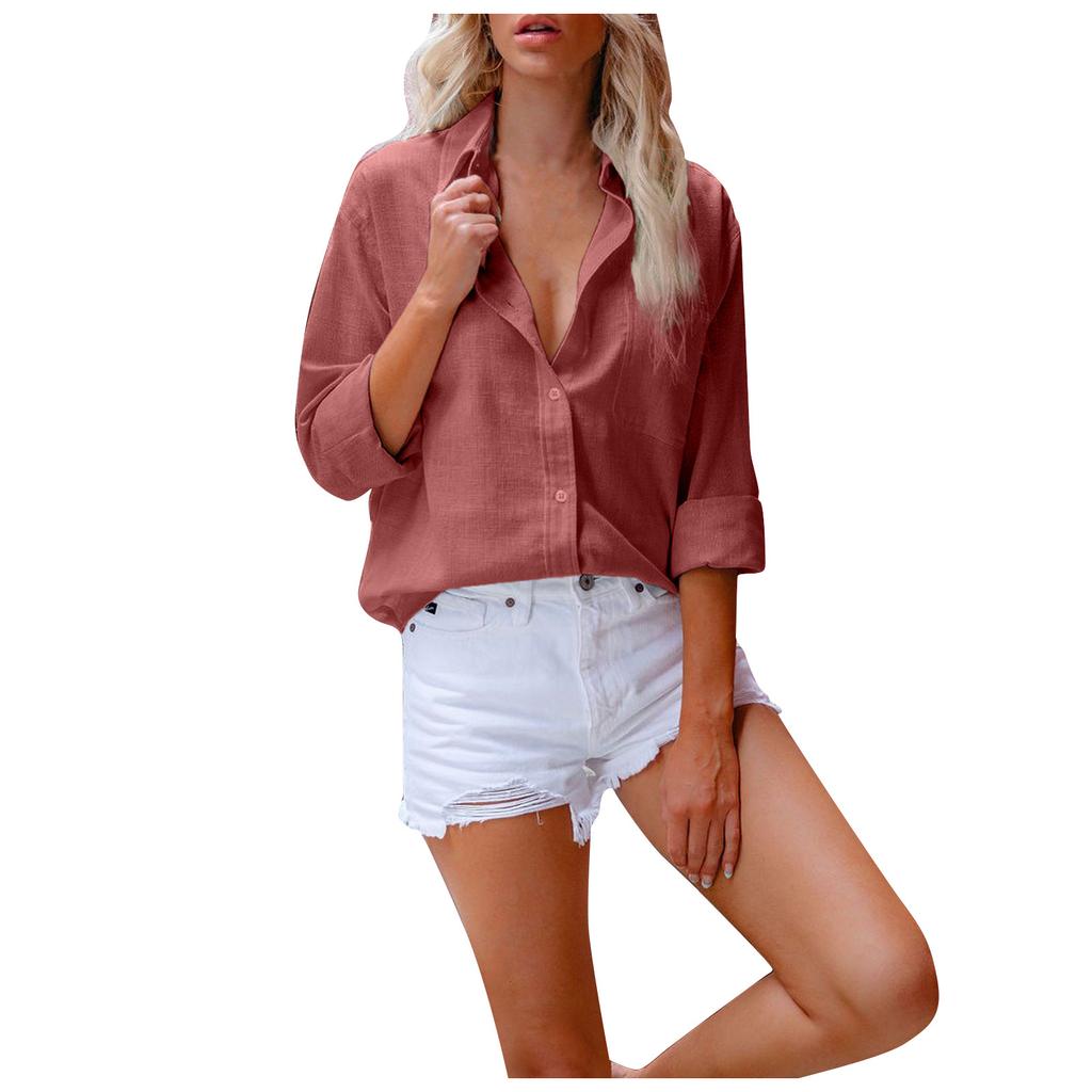 Women Solid Color Cotton Linen Shirt Long Sleeve Lapel Button Button Shirt
