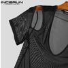 INCERUN Men V Neck Mesh Stretch Off Shoulder Sheer Tops Sexy Transparent T-shirts
