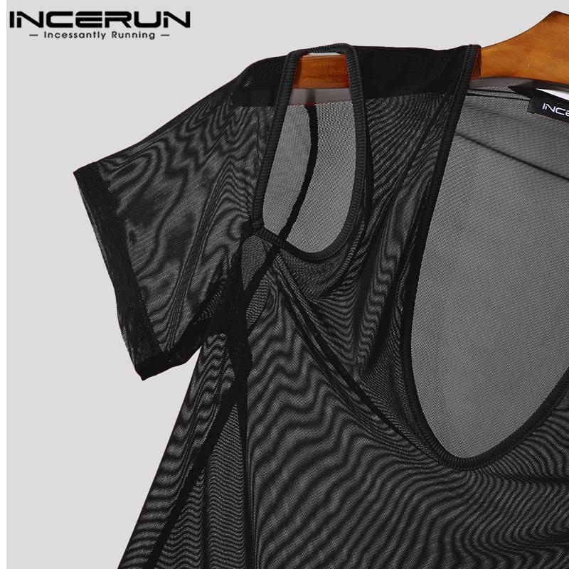 INCERUN Men V Neck Mesh Stretch Off Shoulder Sheer Tops Sexy Transparent T-shirts
