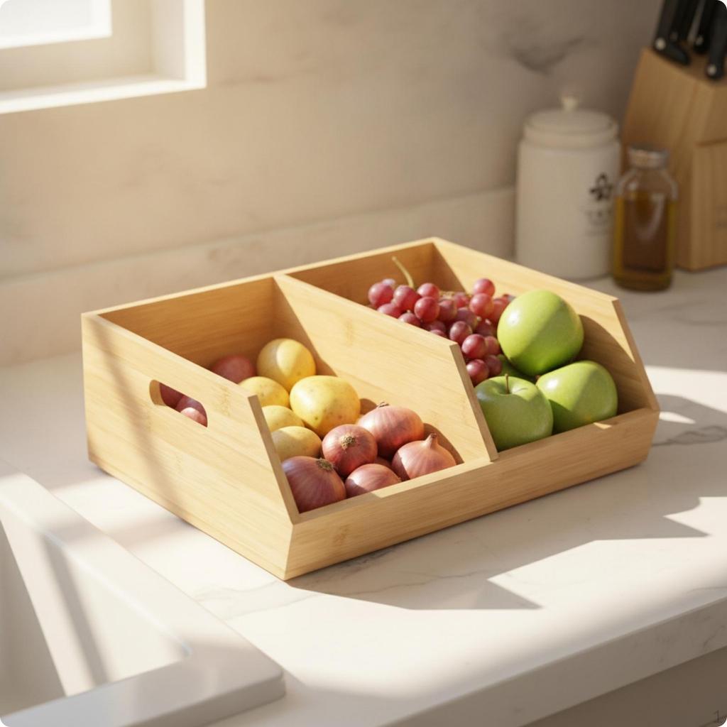 Scatola portaoggetti in bambù con coperchio aperto e divisore, finitura legno, ingombro ridotto, Organizer per dispensa
