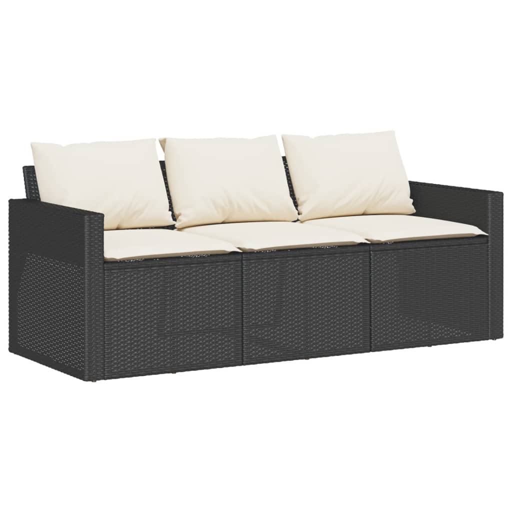 Garden Sofa with Cushions 3 Seater Black Poly Rattan