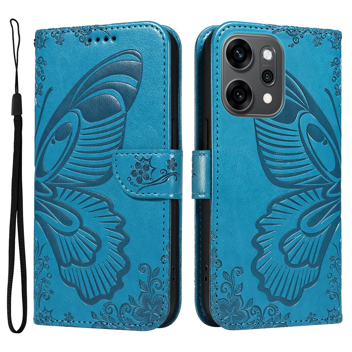Для Oppo Reno14 Pro 5G (Китай)/Oppo Reno14 Pro 5G (Глобальный) Чехол-книжка с узором «Бабочки» из ПУ-кожи для телефона - Синий A