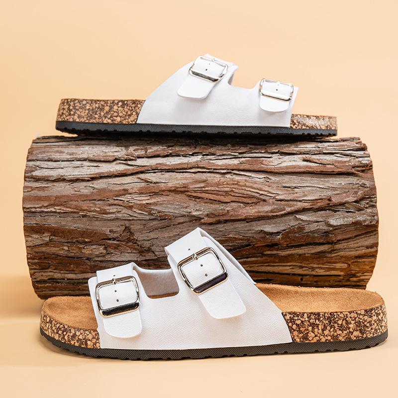 Birkenstock Unisex Cork Leather Double-Buckle Flip Flops: Retro, Thick-Soled, Outdoor Half-Slippers for Men and Women
