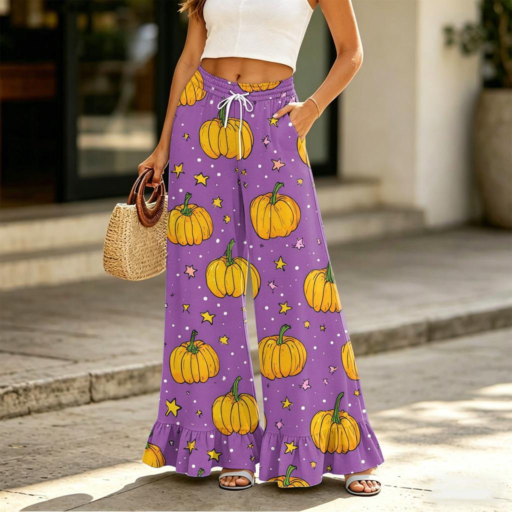 Women’s High Waist Drawstring Wide Leg Pants with Pockets Halloween Print Loose Fit Ruffle Hem Long Casual Trousers