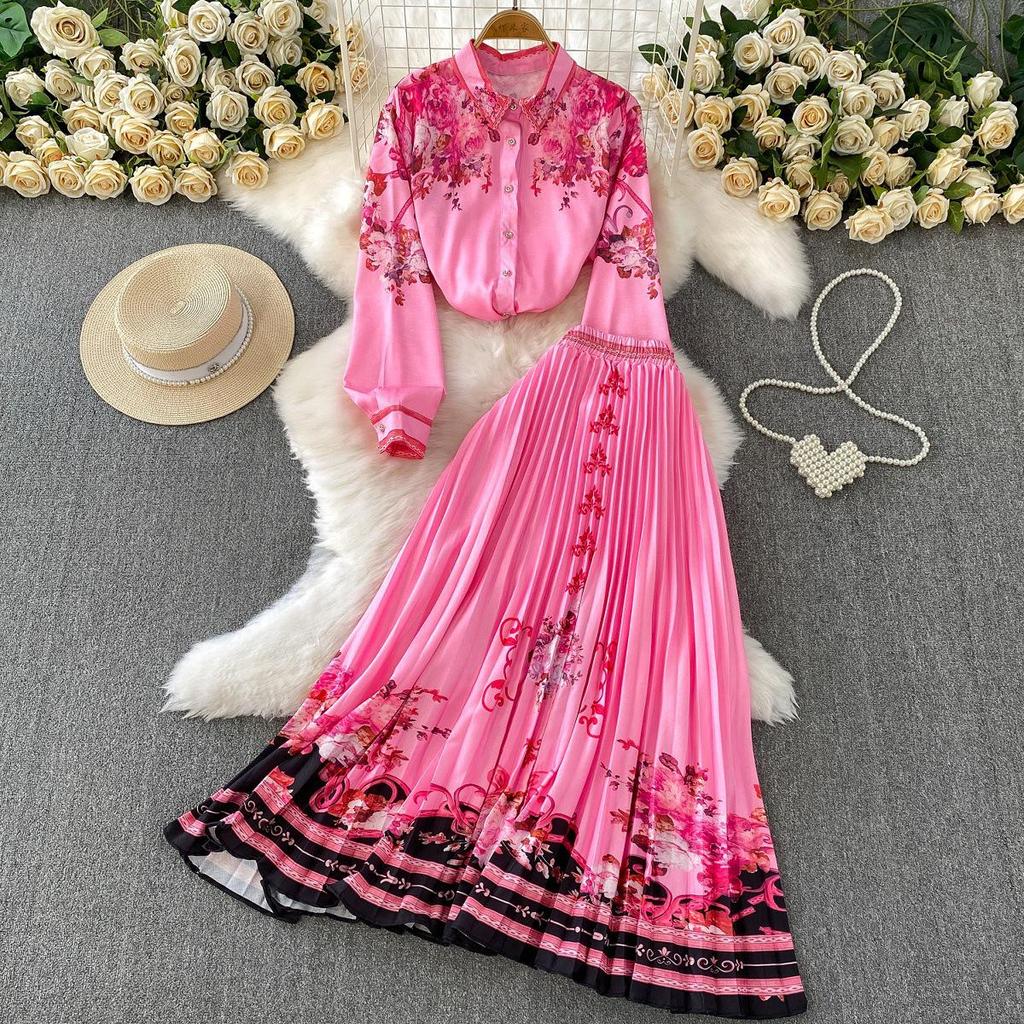 European Retro Single-Breasted Lapel Shirt & High-Waisted Pleated Skirt Set