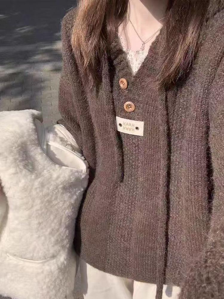 White Hooded Women's Sweater - Autumn/Winter 2025 Korean Lazy Style Wool Knit Top