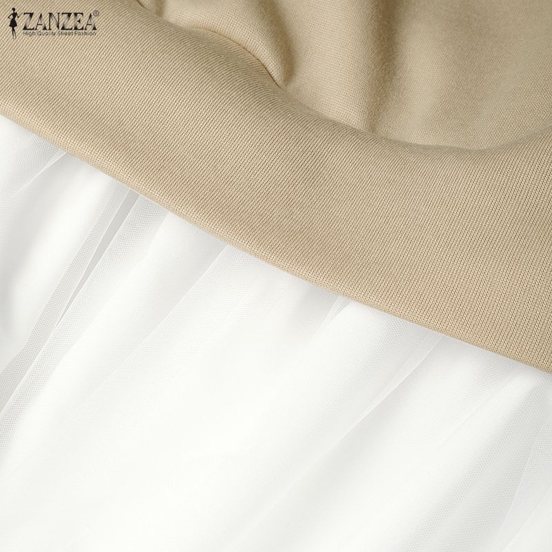 ZANZEA Women Casual Mesh Splice Loose V-neck Long Sleeve Dress