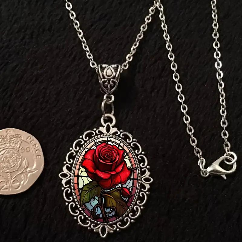 Fashionable and Exquisite Red Flower Pattern Oval Glass Pendant Necklace
