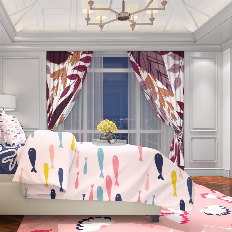 2PCS- Purple Leaf - Printed Curtain - Polyester Material - Suitable for Bedrooms, Living Rooms, Study Rooms, Private Spaces