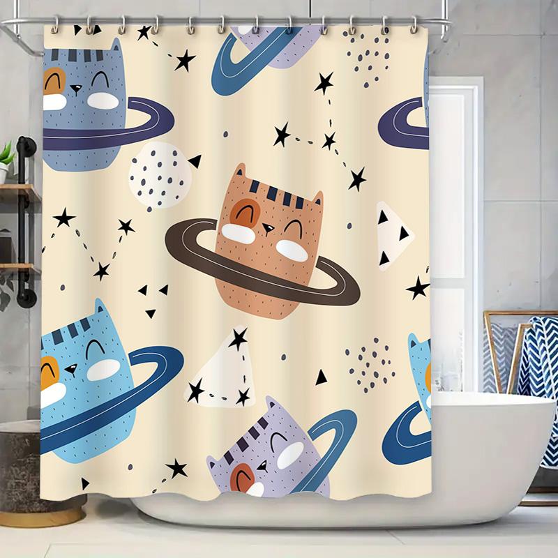 

Space Cats Shower Curtain Blue/Beige with Moon Rings Pattern Decorative Bathroom Liner for Kids Bathrooms 90x180cm