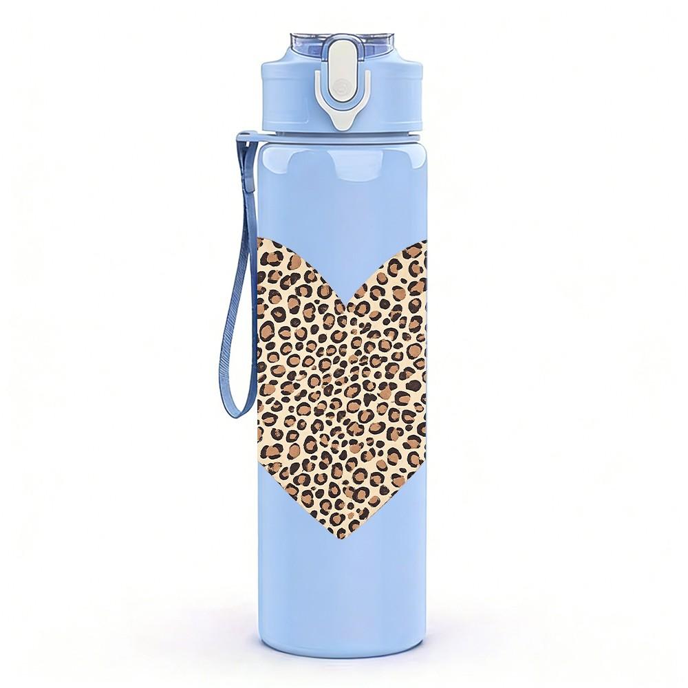 1PC Leopard Texture Heart Pattern Print 750ml Color Plastic Sports Water Bottle Leakproof Flip Straw Lid Suitable for Sports Office Home Use