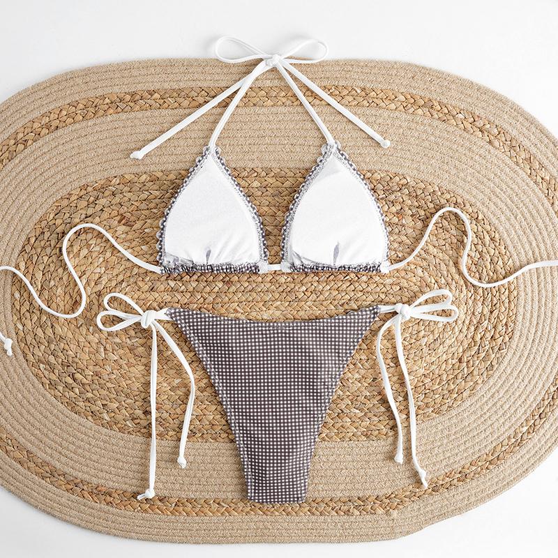 Women's Halter Gingham & Polka Dot Bikini Set Tie-Front Two Piece Swimsuit Pure & Sexy Hot Spring Resort Wear Lace Up Suits
