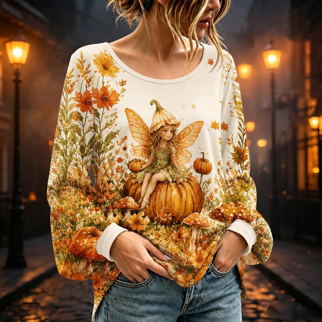 Haut Chemisier Femme Col Rond Manches Longues Imprimé Halloween pour Soirée