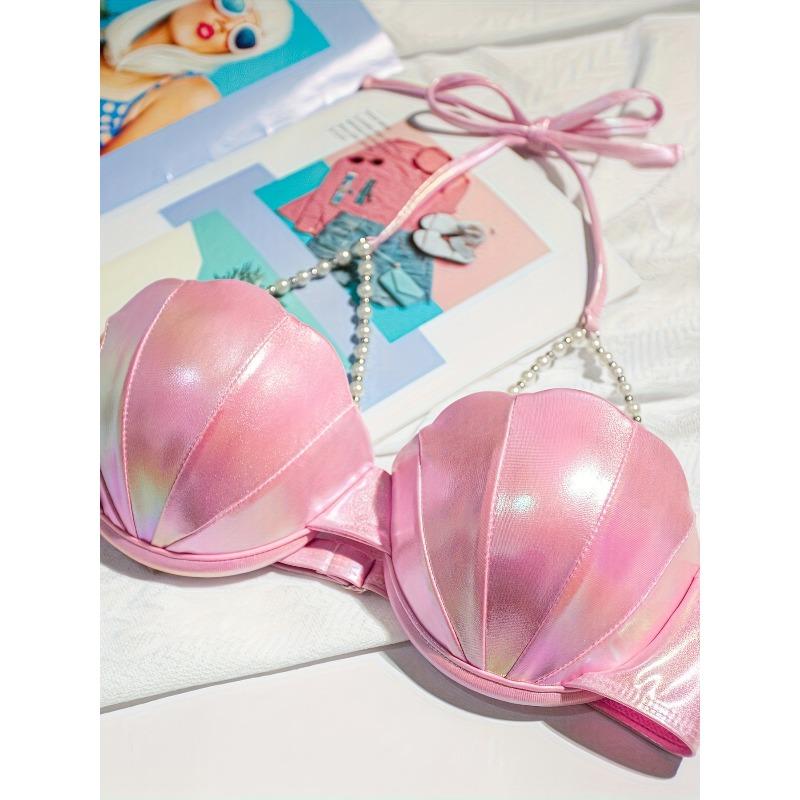 Sexy Petal Bikini Swimsuit Solid Color Petal Cup Pearl Chain Steel Band Bikini Top