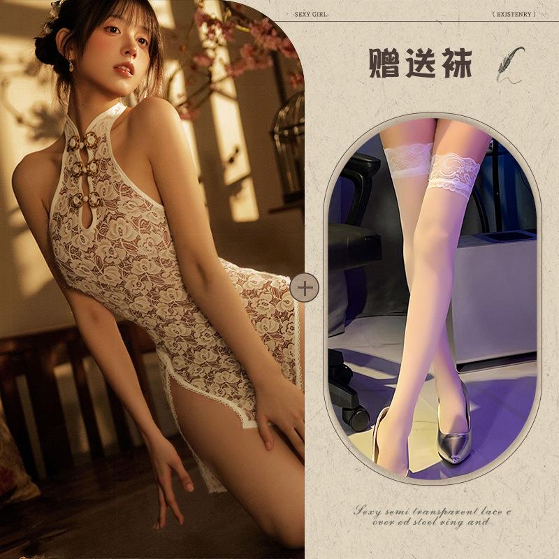 Night listening fragrance lingerie new sexy women's retro lace side open lace cheongsam bed passion uniform