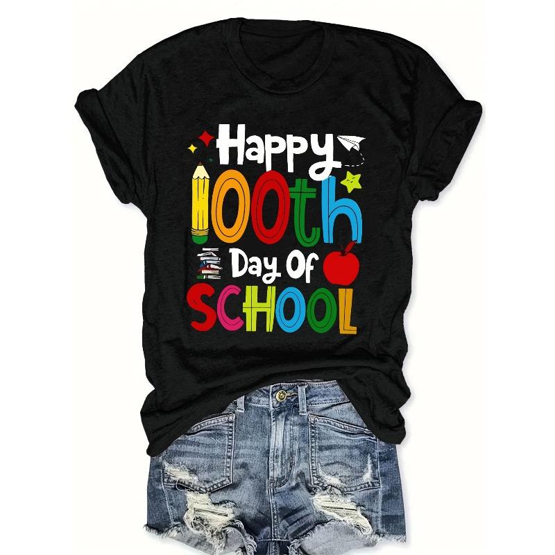 

Womens Happy 100th Day of School Print T Shirt Short Sleeve Crew Neck Casual Top XL чорний