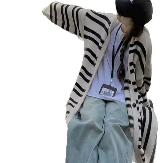 Korean Style Striped Hooded Cardigan - Autumn/Winter 2025 Mid-Length Loose Fit Sweater