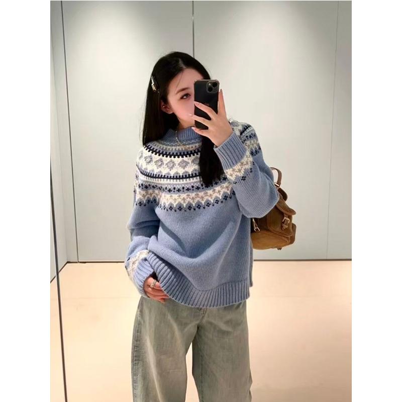 Fair Island jacquard crew neck pullover women s 25 autumn and winter new loose and thin long-sleeved top nis S