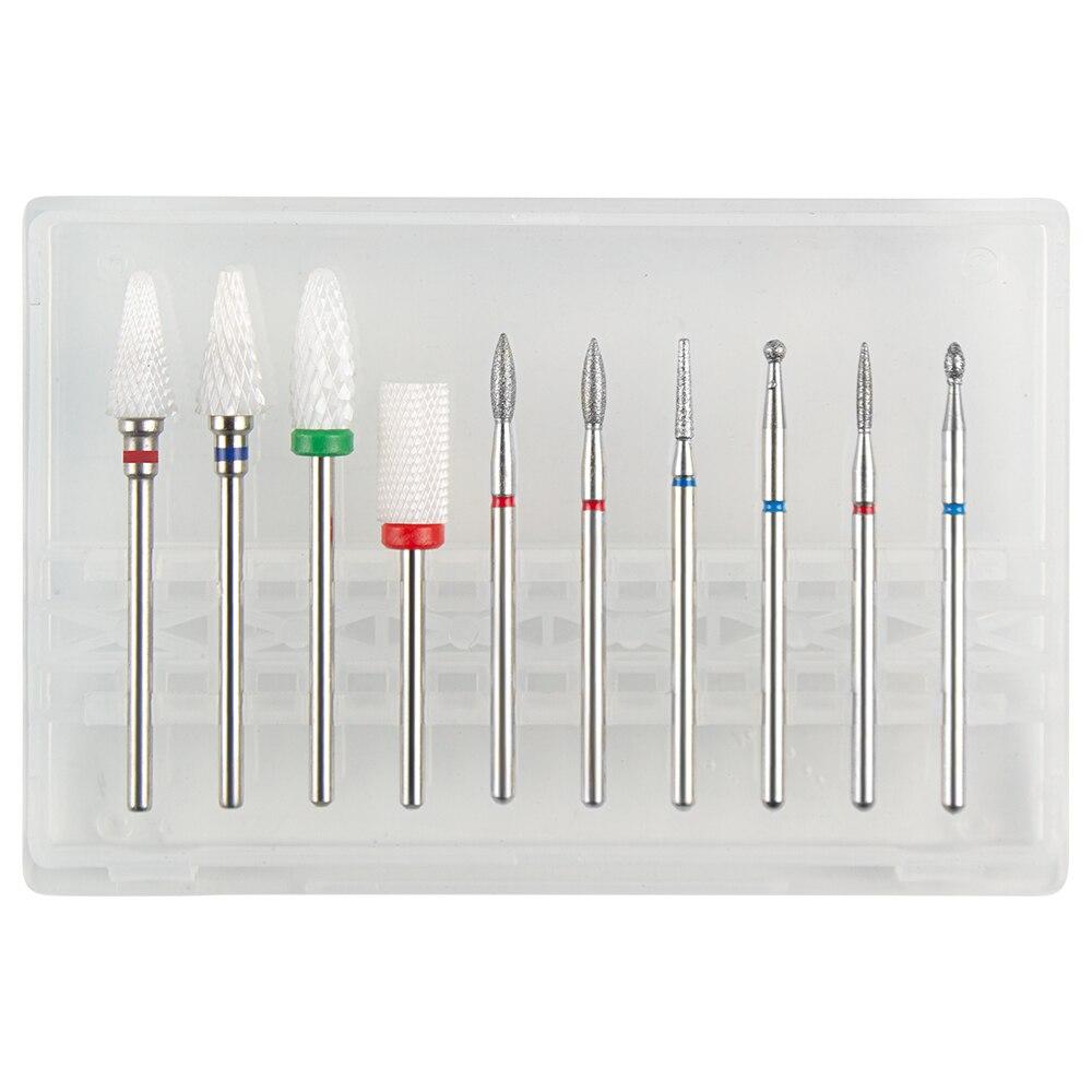 Sada 10ks fréz na manikúru Keramické vrtáky na nehty Čistič kartáč Diamantový mlýnek Příslušenství pro odstranění gelového laku
