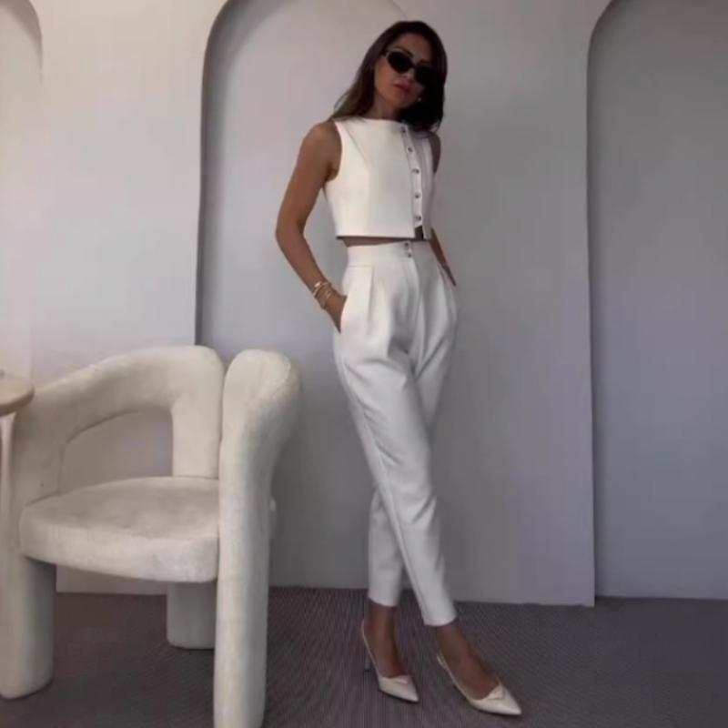 

Женский белый укороченный топ без рукавов и комплект брюк с высокой посадкой и широкими штанинами, модный элегантный наряд S