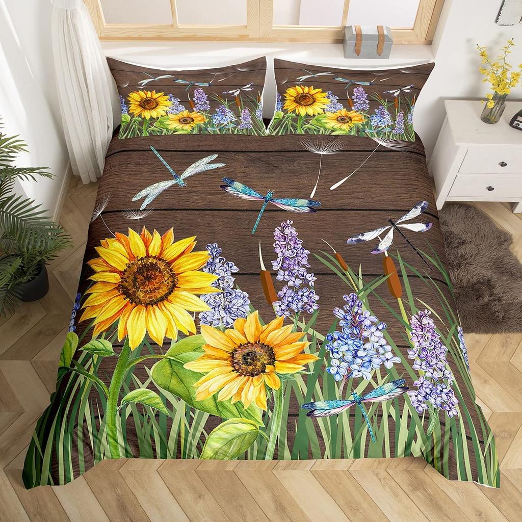 Sunflower Duvet Cover Set Polyester Comforter Cover Pink Tie Dye Bedding Set Yellow Petal Floral For Kids Girls Women King Size
