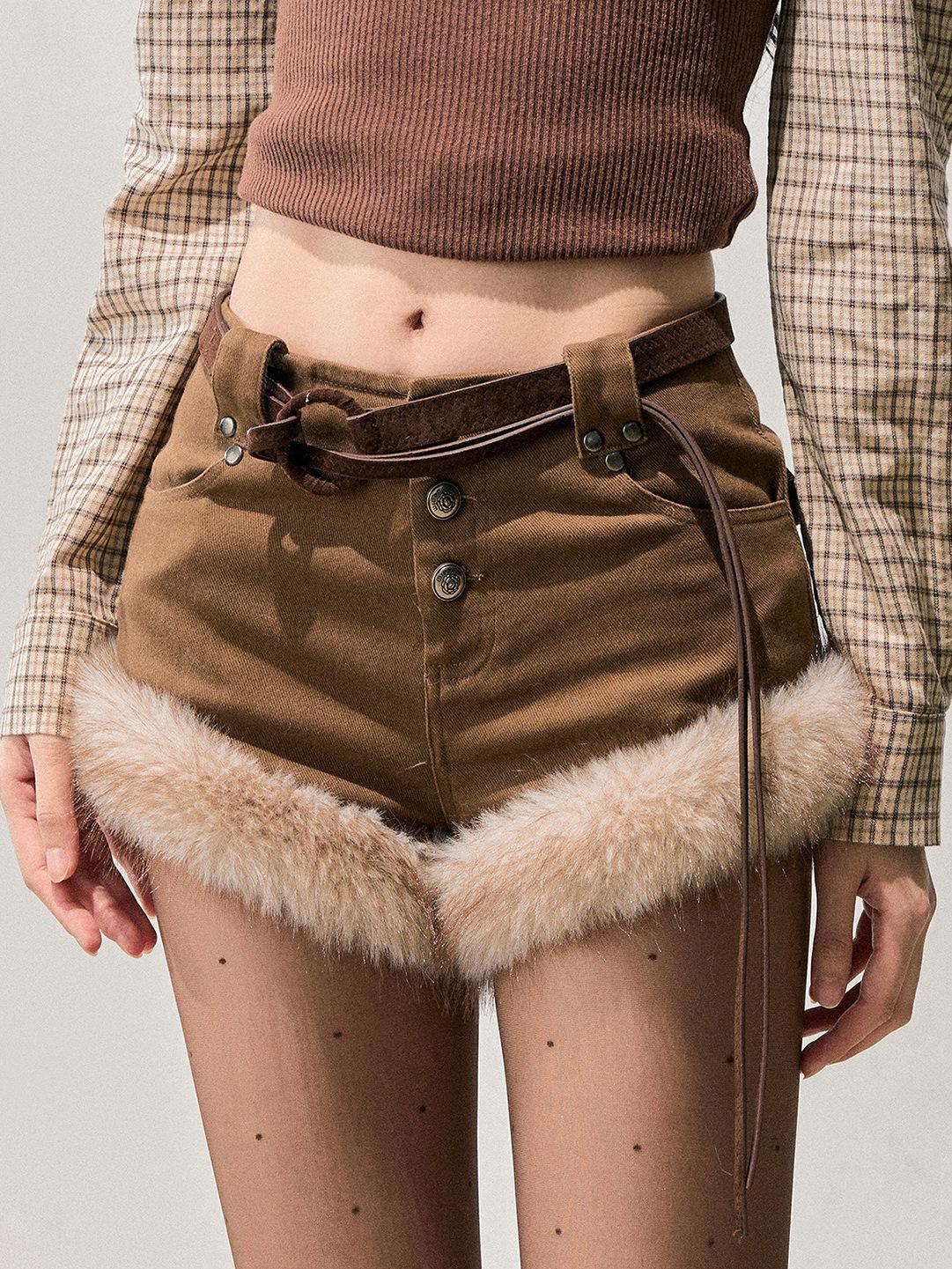 Korean Style Plush Warm Wide-Leg Pants - Women s Winter Faux Fur Shorts S