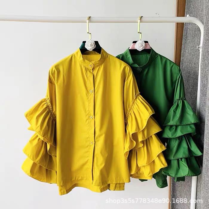Stylish Shirt Women's Layered Ruffled Flared Sleeve Shirts Loose Stand-up Collar Tops