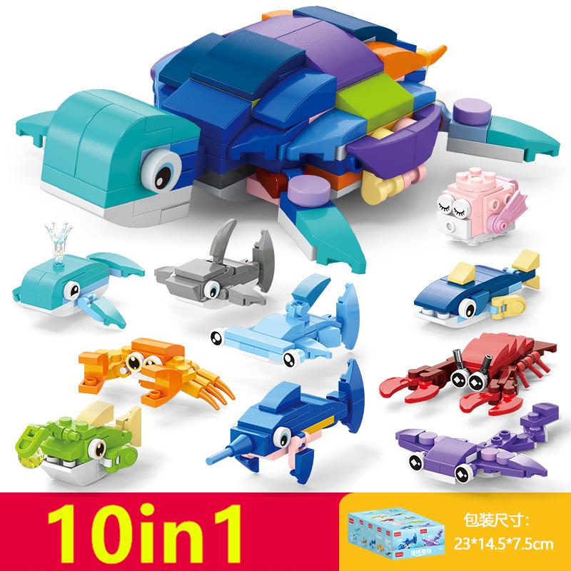 10in1 Cute Animals Fox Koala Dog Insect Turtle Dinosaur Ostrich Goldfish Fish Tank Bird Building Blocks Kit Model Toy Children