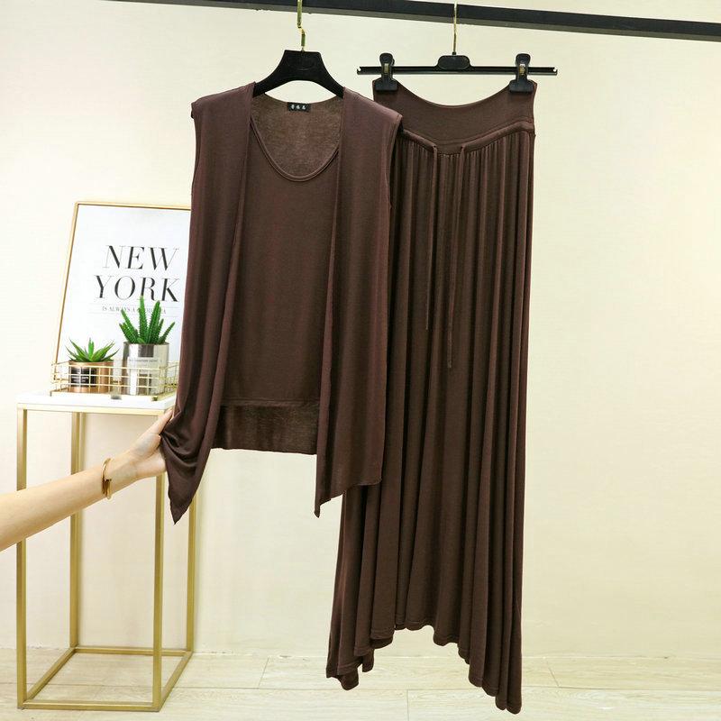 Plus size M to 6XL Modal Pajamas sets Summer Layering Vest Cardigan Top with strawstring Long Skirt Fashion Versatile 2 Piece Outfit