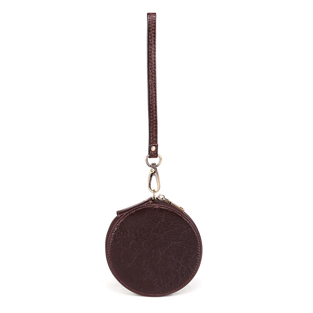 Women's Coin Purse, Genuine Leather Coin Purse, Round, Compact, Small Item Storage, Jewelry Bag (K058 Coffe)