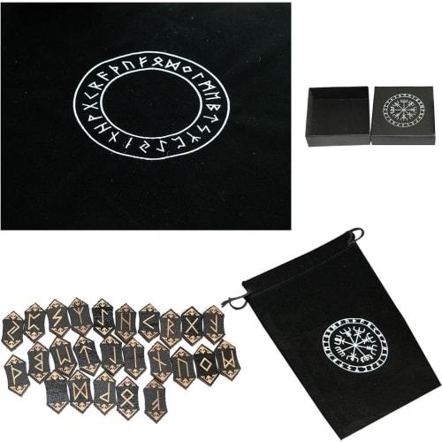 Rune Card Set - Wooden Rune Stone Set | Wood Rune Stone Card Set with 25 Rune Cards, Storage Bag, and Tablecloth for Divination and Meditation