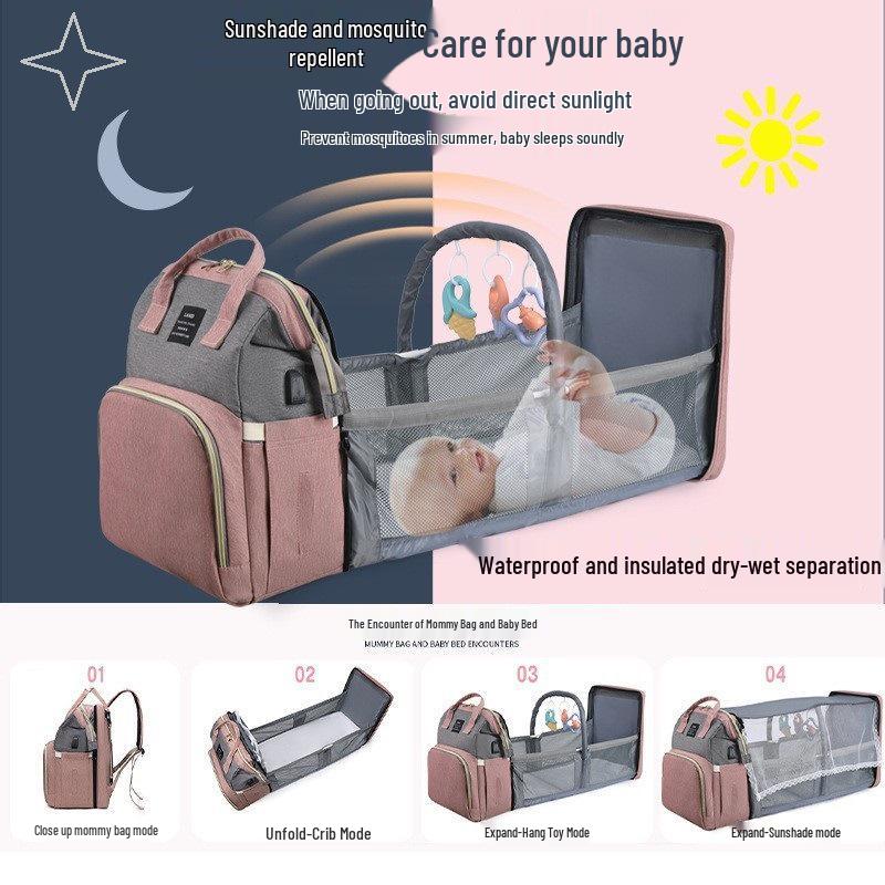 Multifunctional Mummy Bag with Folding Baby Bed, Large Capacity, Wet-Dry Separation, Breastfeeding and Travel Milk Bottle Holder.