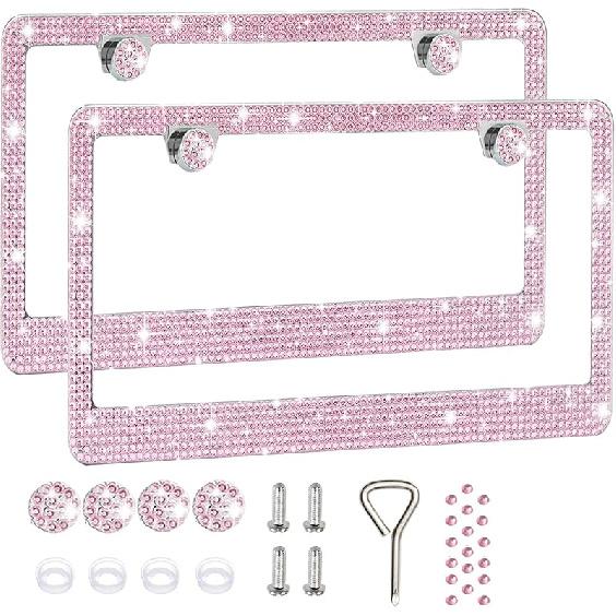 2 Pack License Plate Frames For Women, Sparkly Rhinestone Diamond Car Accessories With Glitter Crystal Caps (Purple (2PCS))