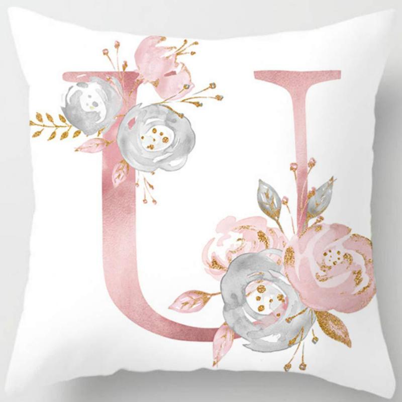 White Pink Alphabet Pillowcase Letter A-Z Flower Pillow Cover Sofa Cushion Cover Home Decor Pillow Cover