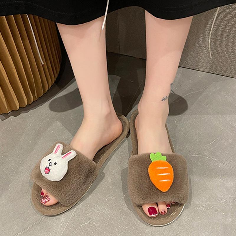 Cotton Slippers for Women, Cute Radish Rabbits In Autumn and Winter, Indoor Home Plush Postpartum Warmth, One Word Slippers, Cartoon Slippers
