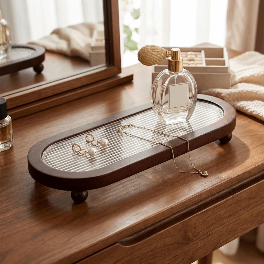 Embossed Pattern Oval Wooden Decorative Tray Jewelry Perfume Display Tray for Living Room