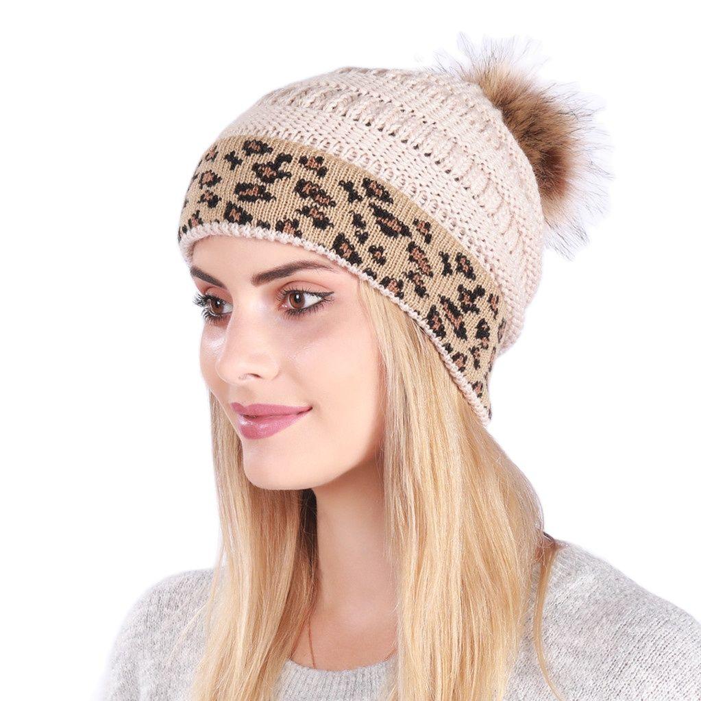 Fashion Winter Leopard Women's Hat Warm Knitted Beanies Cap For Women Girl Pom Pom Thick Lady Female Cap Hat With Hair Ball